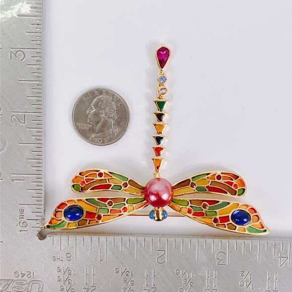 VTG Joan Rivers Signed Dragonfly Brooch Gold Tone Enamel Articulated Colorful - Picture 9 of 12